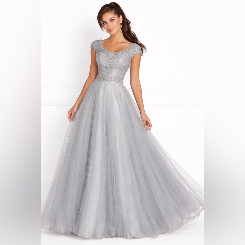 Vienna Prom Silver Beaded Ballgown Size 4 Illusion Tulle Formal Evening Dress